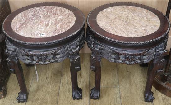 A pair of Chinese hardwood and marble stands H.47cm